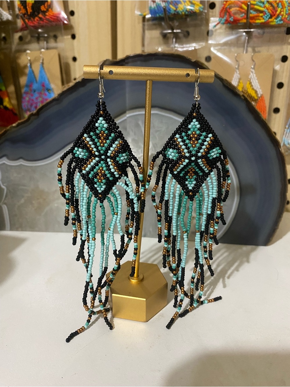 Boho Black and Turquoise Beaded Fringe Earrings - Women Jewelry